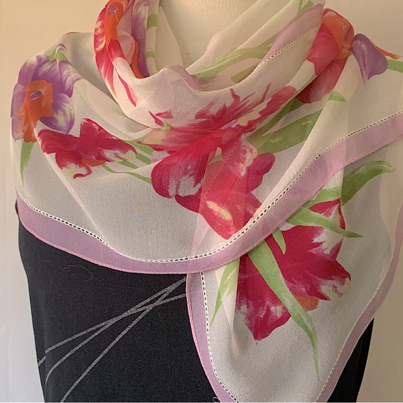 Ralph Lauren Silk Scarf Chiffon Soft Delicate Floral Embroidered 32" Vintage - Picture 2 of 12